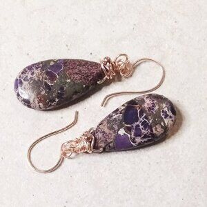 Purple & Plum Sea Sediment Jasper Teardrop + Rose Gold ~ Bold Dangle Earrings